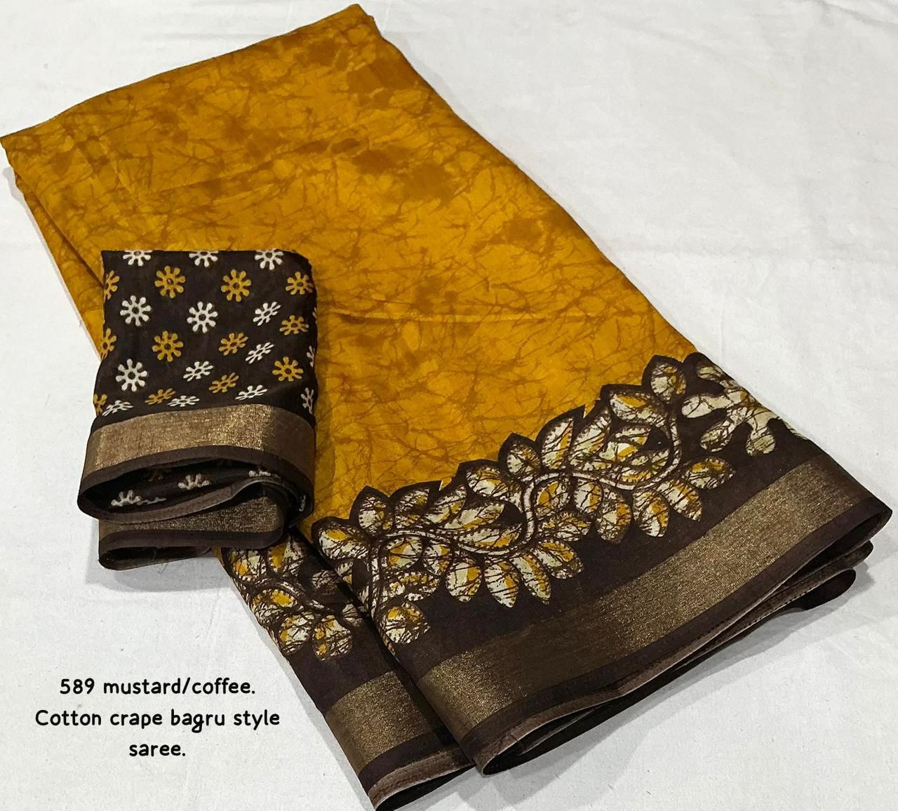 Kayatri New Exclusive Bagru Style Cotton Crepe Saree with Running Printed Blouse