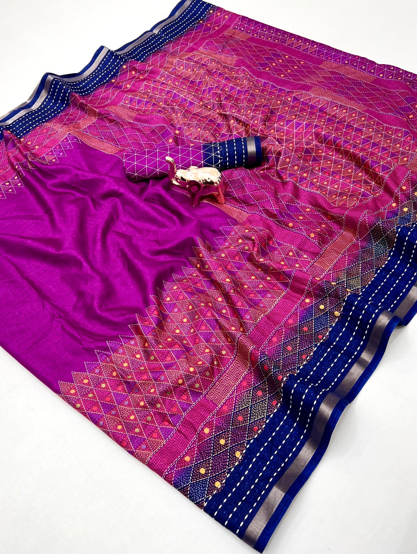 Kayatri New Modern Printed Crepe Saree with Handcrafted Katha Thread Touch