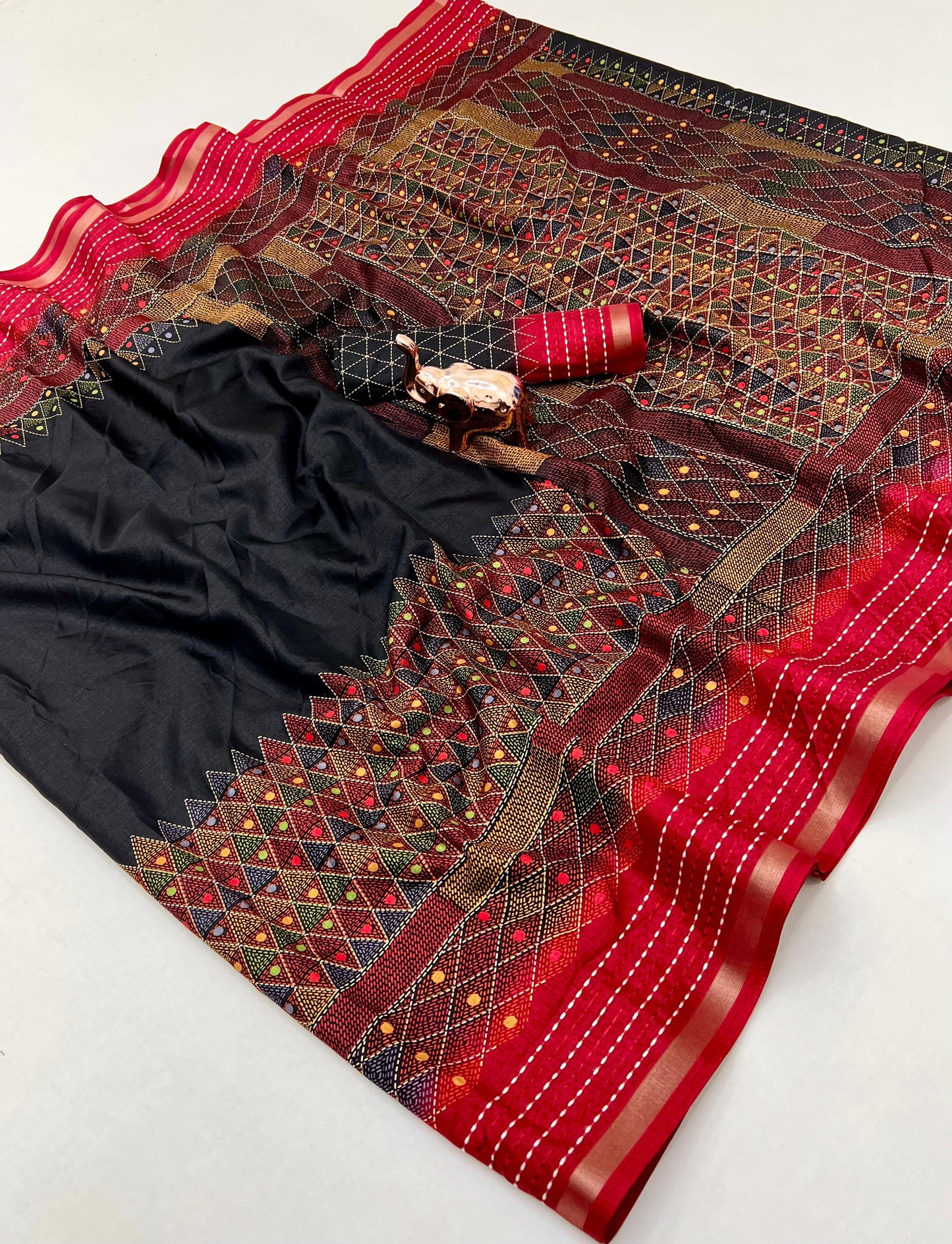 Kayatri New Modern Printed Crepe Saree with Handcrafted Katha Thread Touch