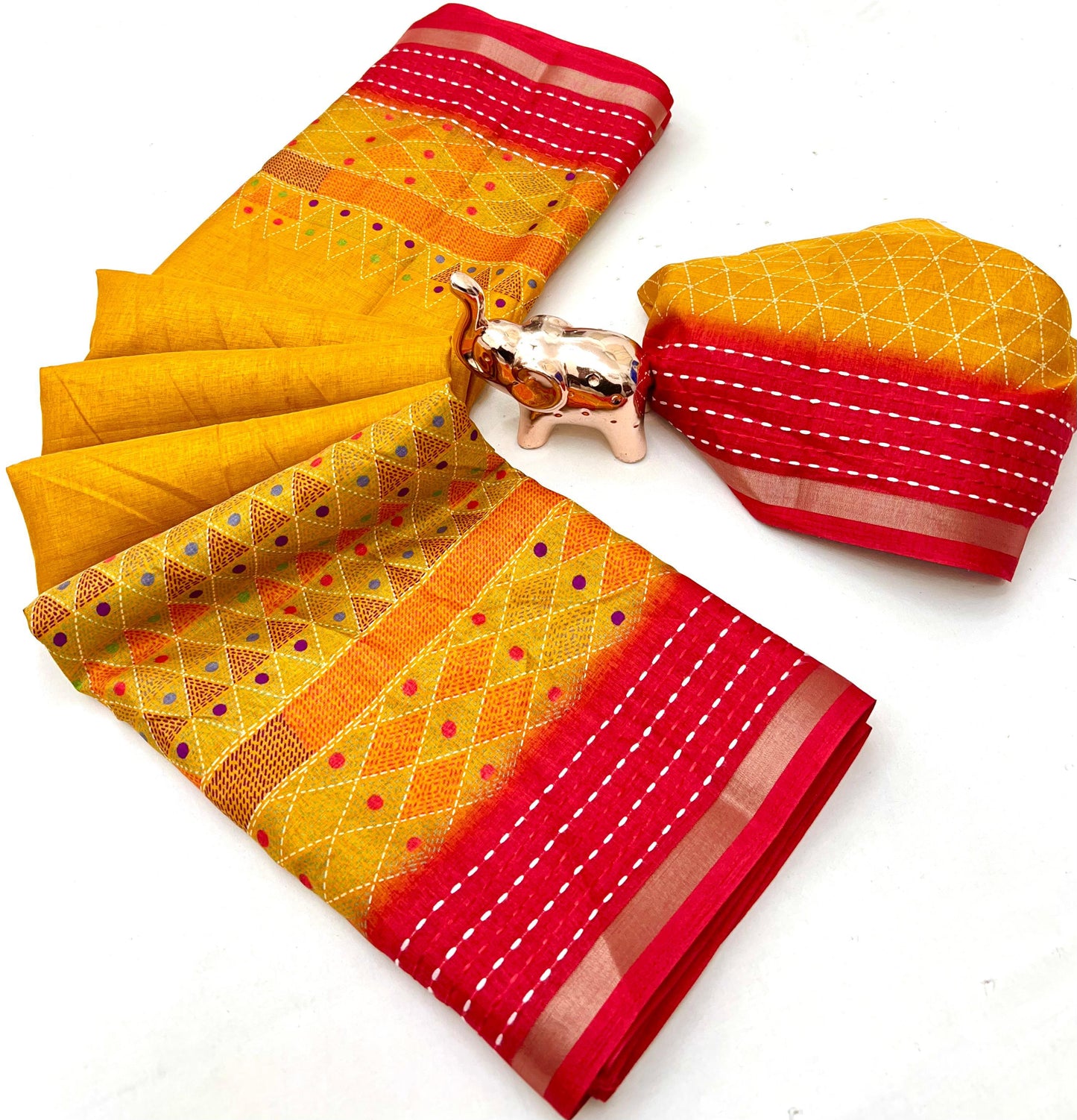 Kayatri New Modern Printed Crepe Saree with Handcrafted Katha Thread Touch