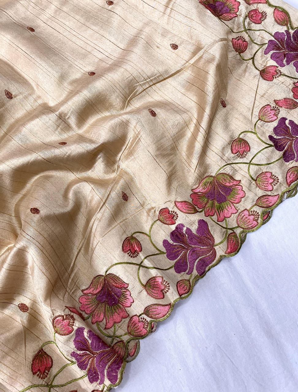Kayatri New Elegant Tussar Silk Saree with Contrast Embroidery and Full Work Blouse
