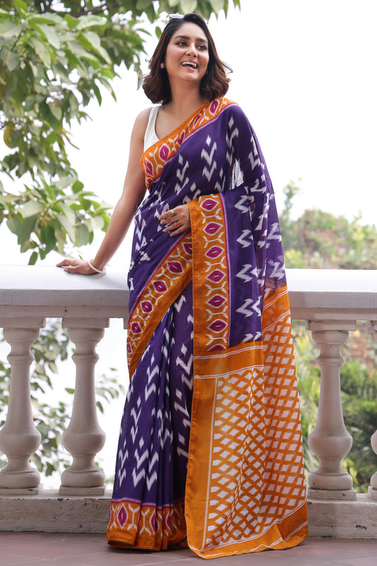 Kayatri New Pure Mulmul Cotton Saree with Ikat Test Hand Block Craft