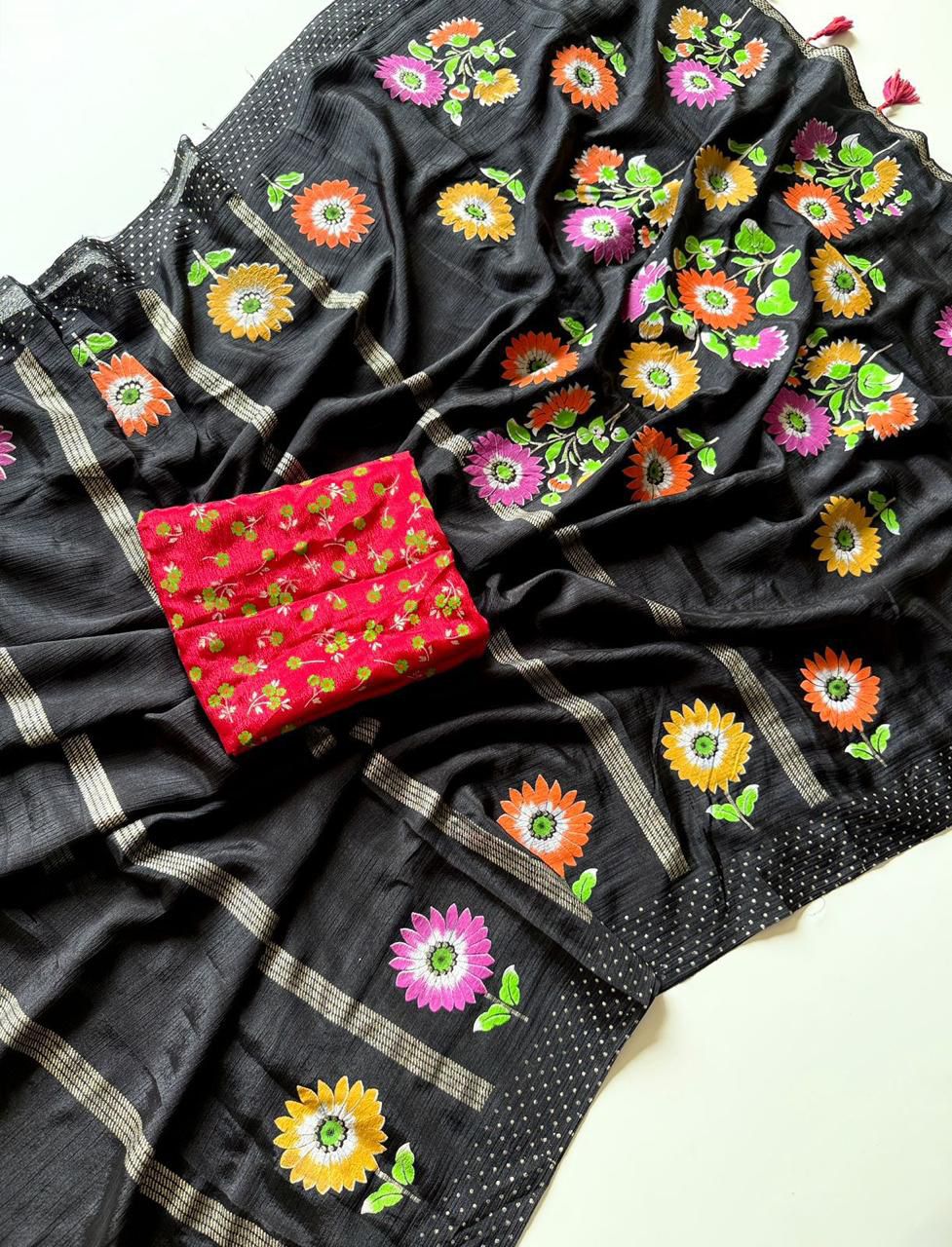 Kayatri New Trendy Soft Chinon Saree with Floral Table Print and Designer Blouse