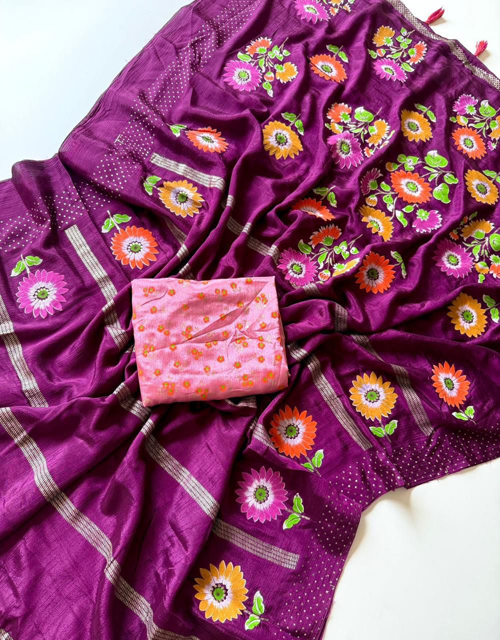 Kayatri New Trendy Soft Chinon Saree with Floral Table Print and Designer Blouse