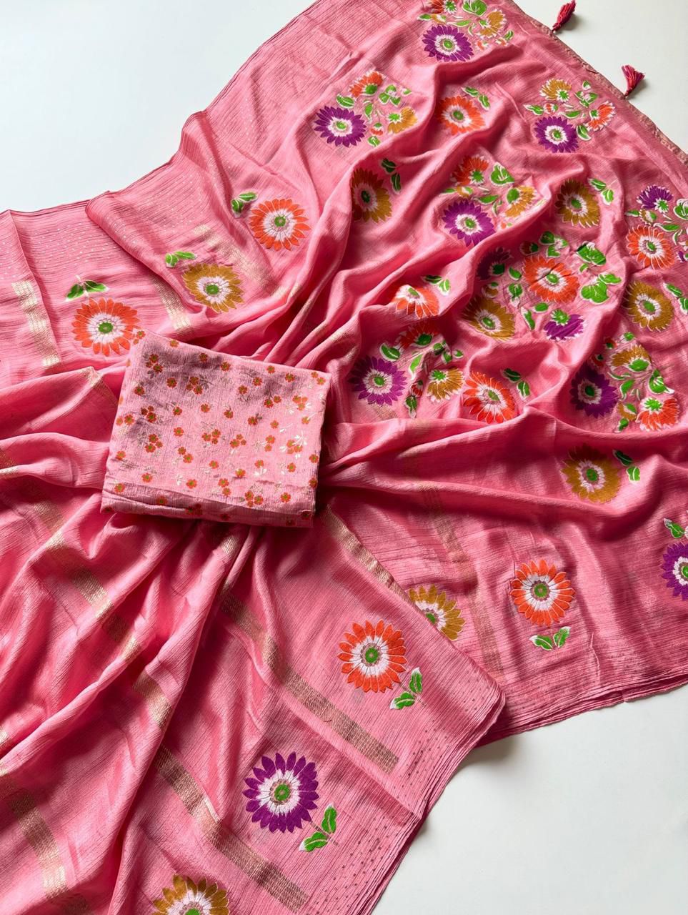 Kayatri New Trendy Soft Chinon Saree with Floral Table Print and Designer Blouse