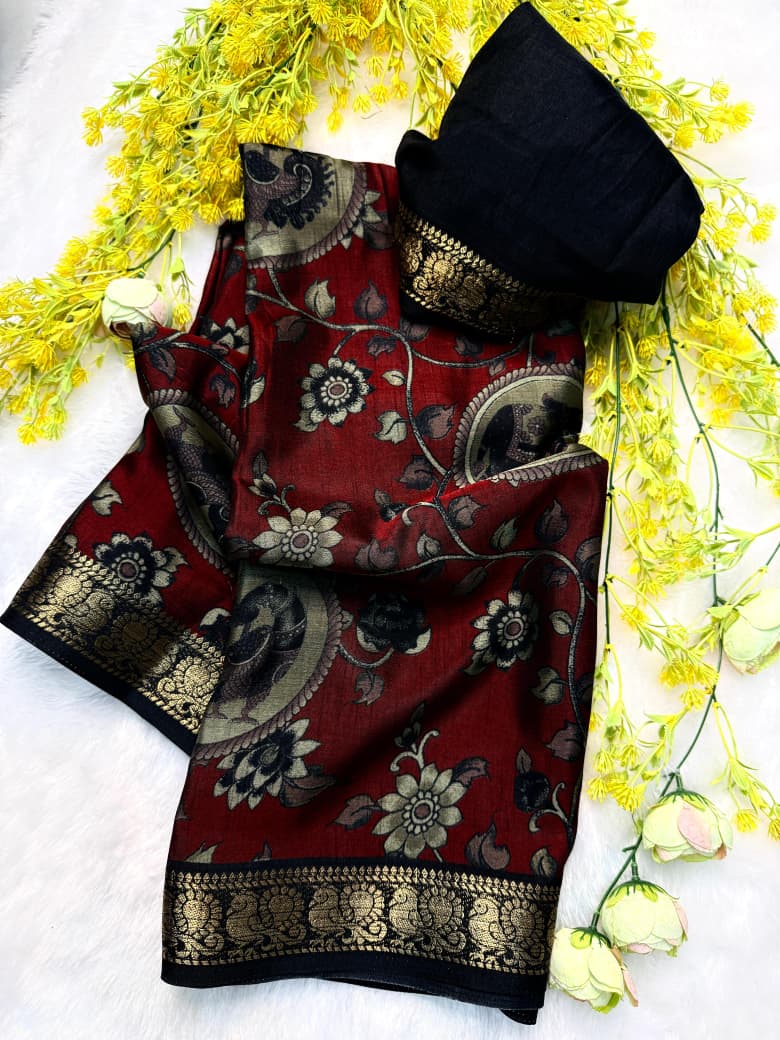 Kayatri New Traditional Pen Kalamkari Dola Silk Saree with Contrast Zari Hamsa Border
