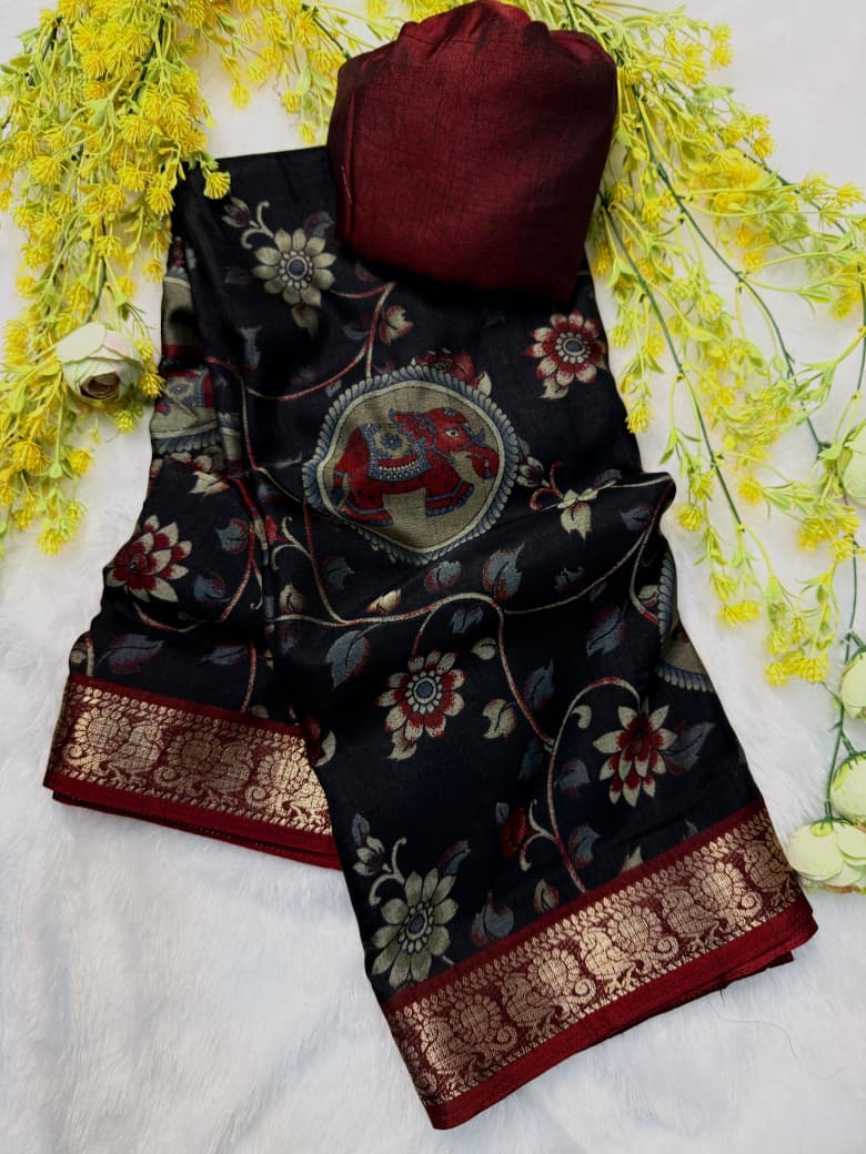 Kayatri New Traditional Pen Kalamkari Dola Silk Saree with Contrast Zari Hamsa Border