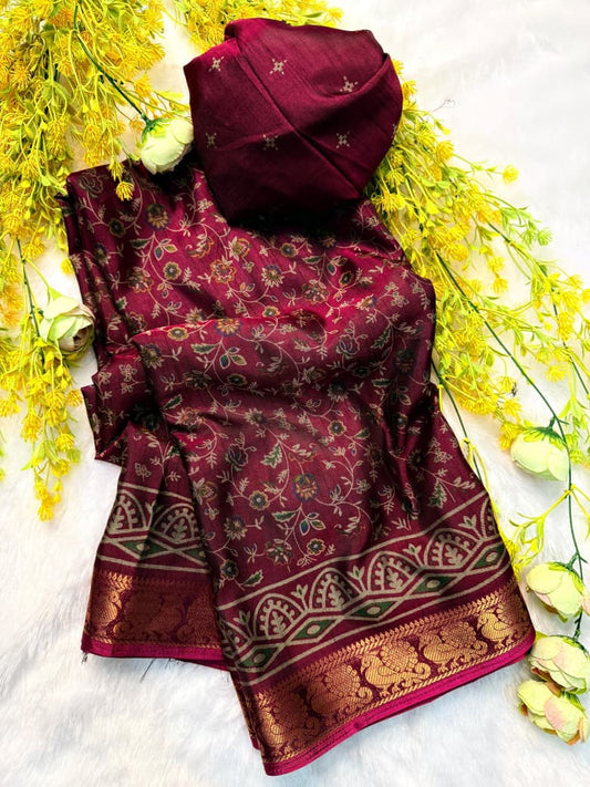 Kayatri New Traditional Pen Kalamkari Black Dola Silk Saree with Zari Weaving