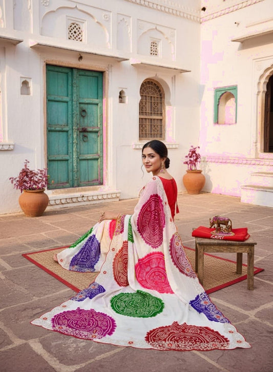 Kayatri New Party Wear Georgette Bandhani Print Saree with Fine Pitha Work