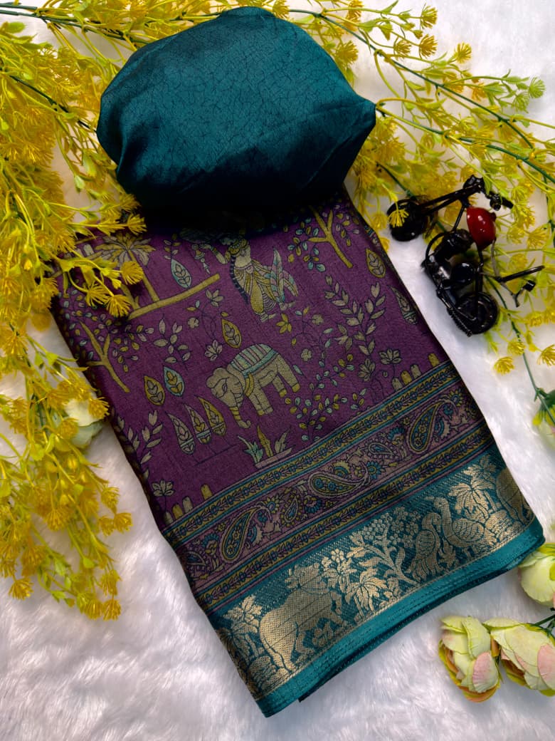 Kayatri New Designer Two-Tone Black Dola Silk Saree with Pen Kalamkari Work