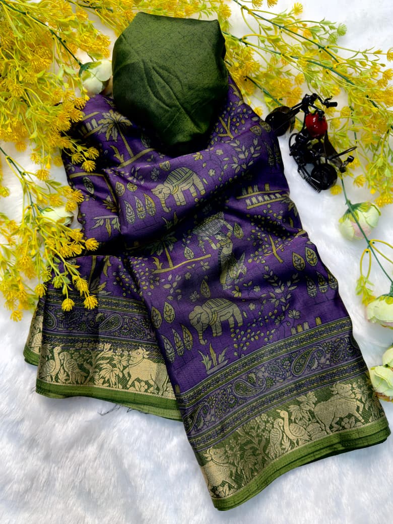 Kayatri New Designer Two-Tone Black Dola Silk Saree with Pen Kalamkari Work
