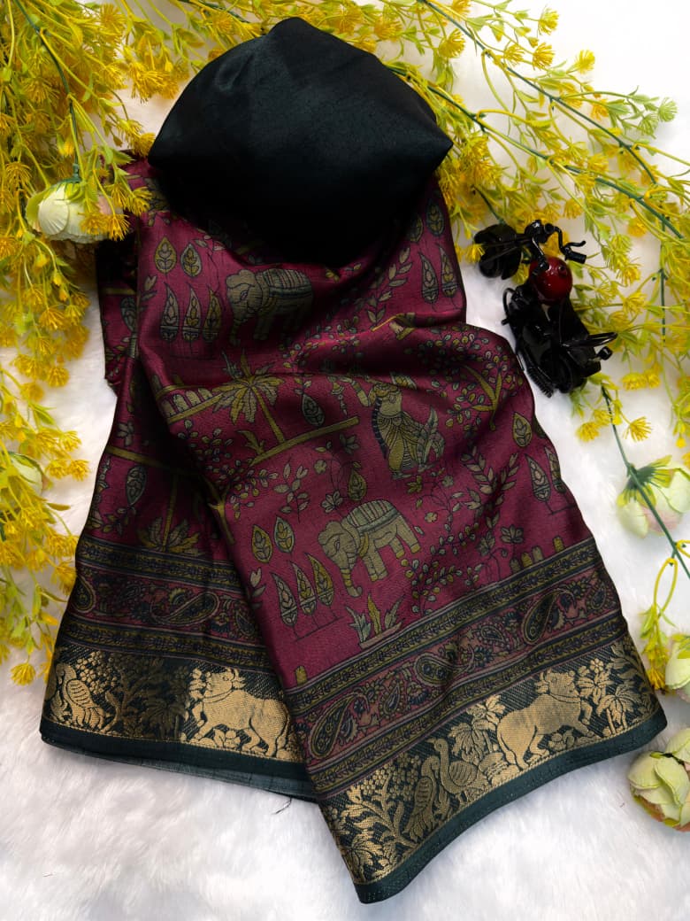 Kayatri New Designer Two-Tone Black Dola Silk Saree with Pen Kalamkari Work