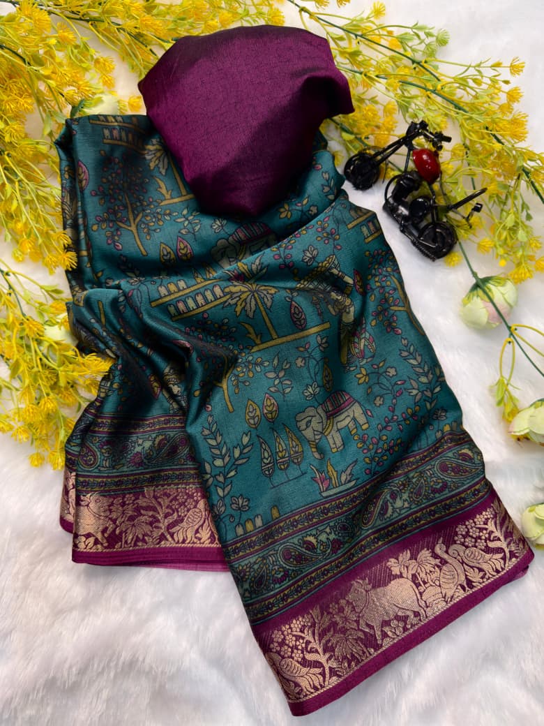 Kayatri New Designer Two-Tone Black Dola Silk Saree with Pen Kalamkari Work