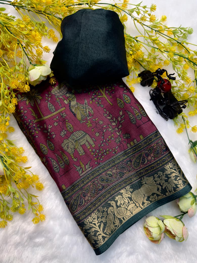 Kayatri New Designer Two-Tone Black Dola Silk Saree with Pen Kalamkari Work
