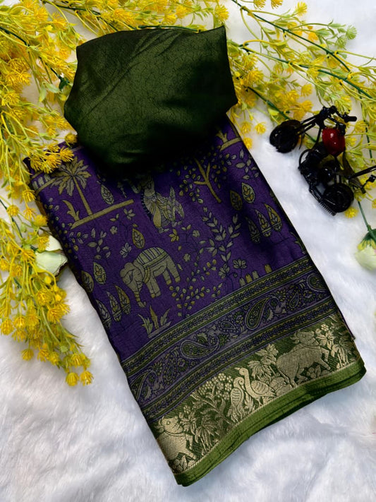 Kayatri New Designer Two-Tone Black Dola Silk Saree with Pen Kalamkari Work