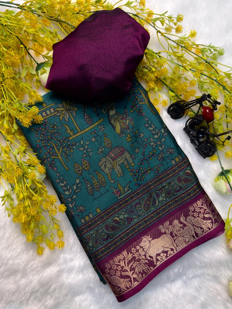 Kayatri New Designer Two-Tone Black Dola Silk Saree with Pen Kalamkari Work