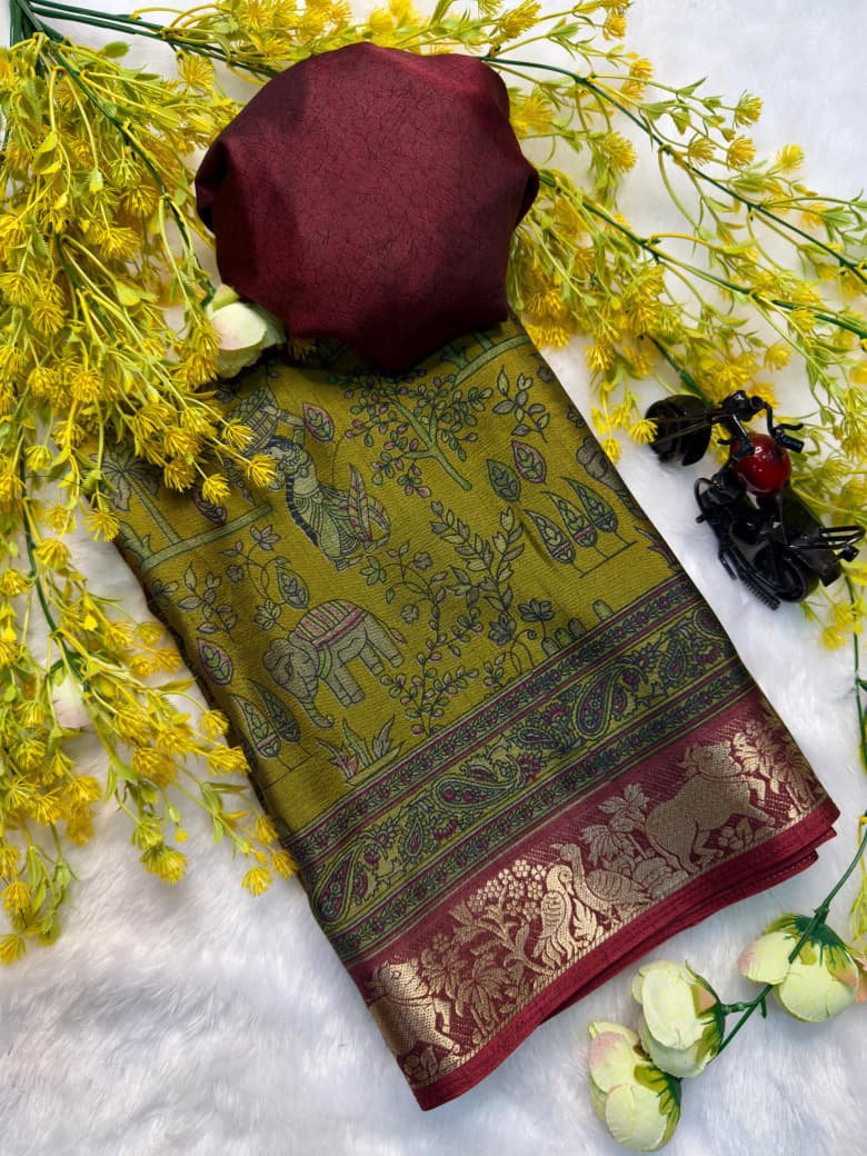 Kayatri New Designer Two-Tone Black Dola Silk Saree with Pen Kalamkari Work