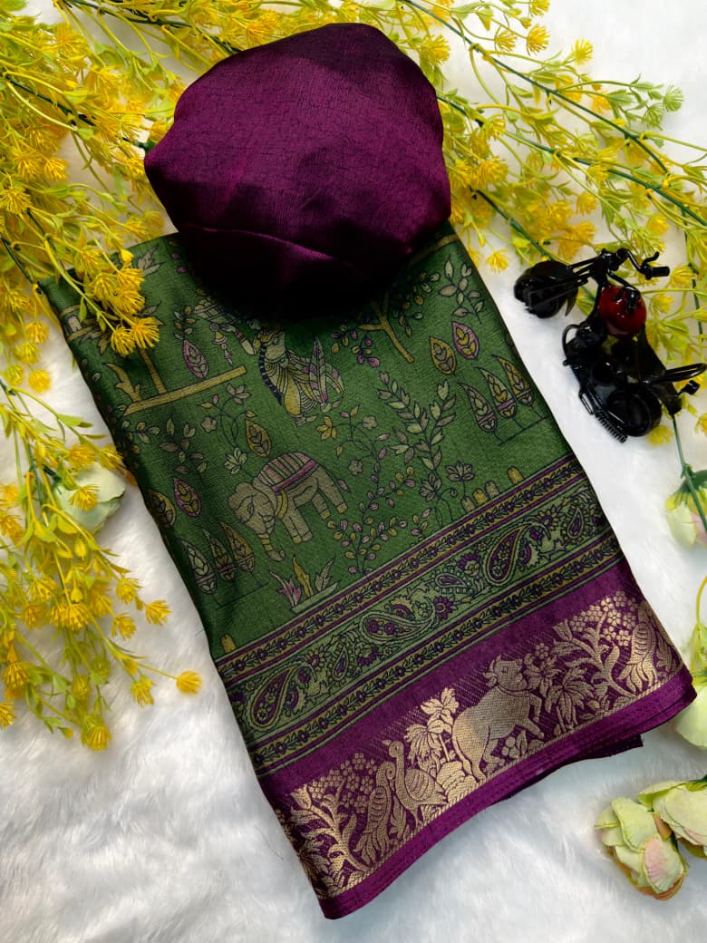 Kayatri New Designer Two-Tone Black Dola Silk Saree with Pen Kalamkari Work