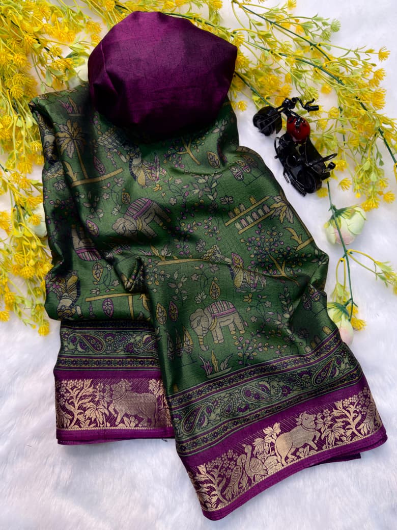 Kayatri New Designer Two-Tone Black Dola Silk Saree with Pen Kalamkari Work