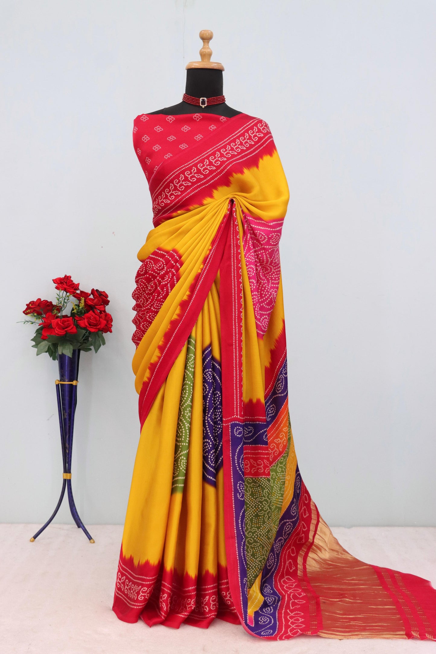 Kayatri New Pure Gajji Silk Bandhej Print Saree with Traditional Lagadi Pallu