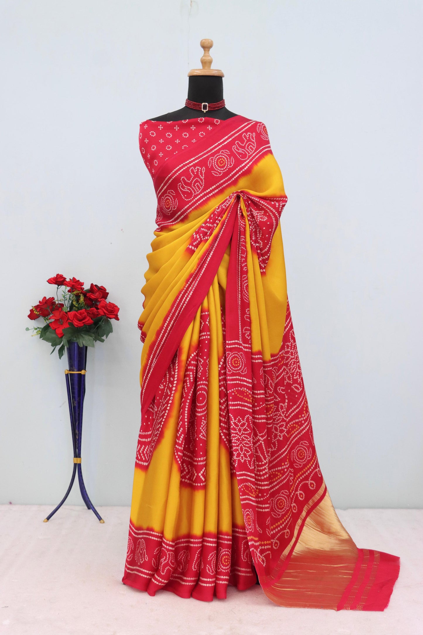 Kayatri New Pure Gajji Silk Bandhej Print Saree with Traditional Lagadi Pallu