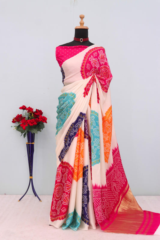 Kayatri New Pure Gajji Silk Bandhej Print Saree with Traditional Lagadi Pallu
