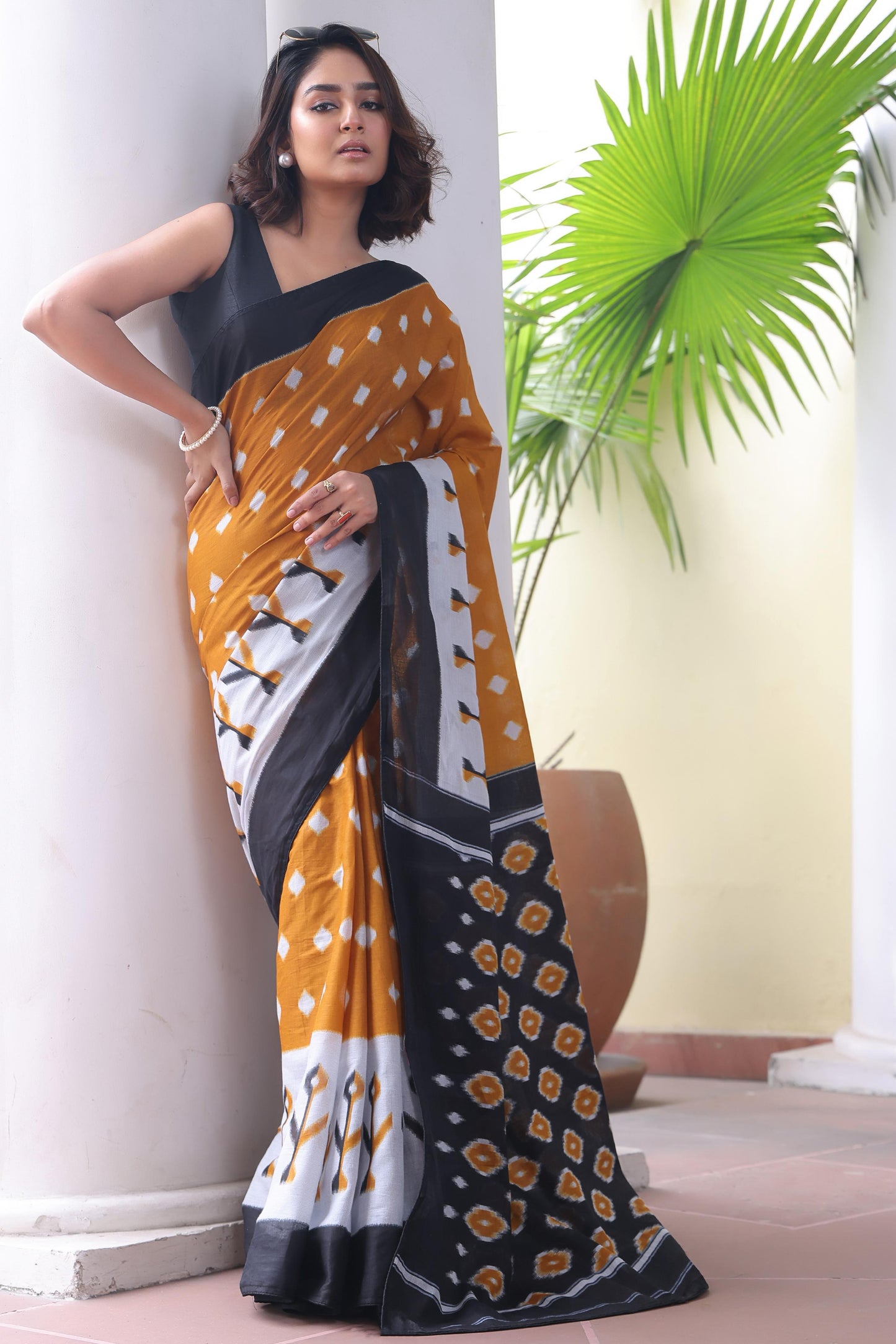 Kayatri New Soft Original Mulmul Cotton Saree with Ikkat Hand Block Craft & Blouse
