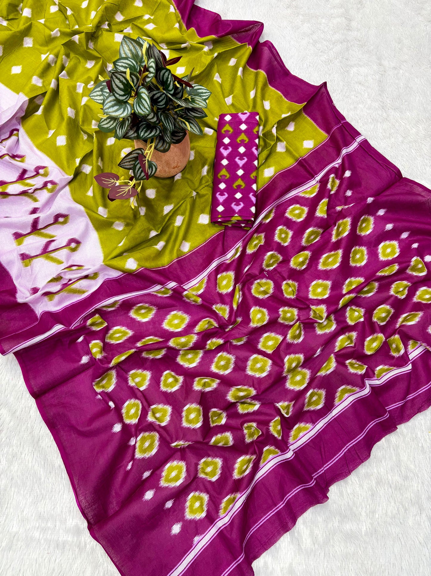 Kayatri New Soft Original Mulmul Cotton Saree with Ikkat Hand Block Craft & Blouse