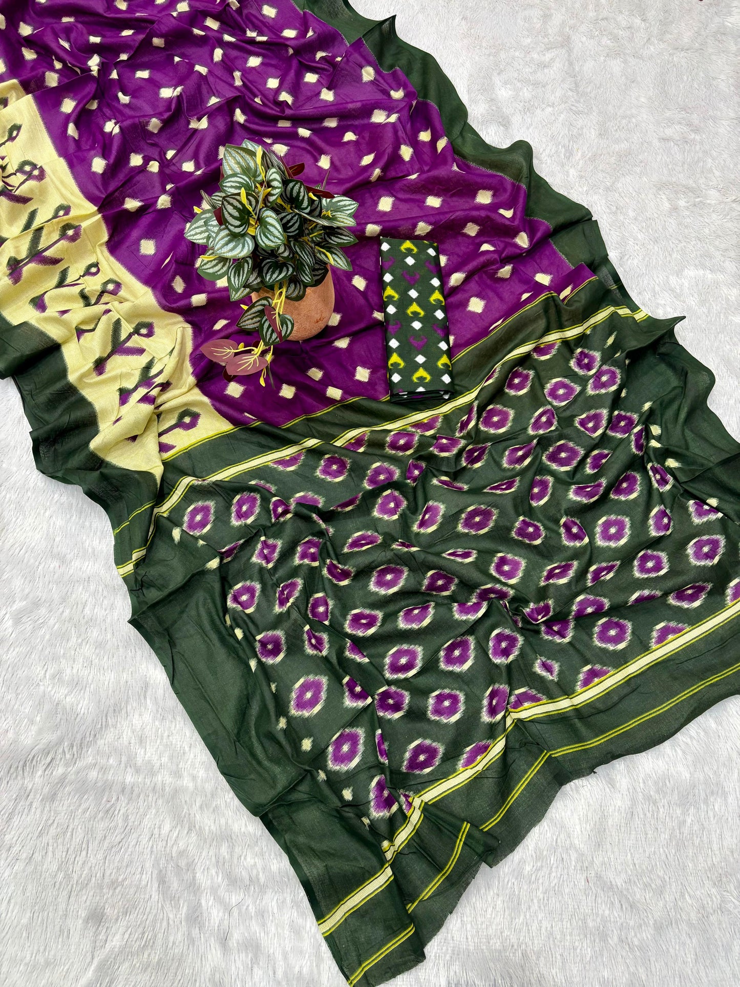 Kayatri New Soft Original Mulmul Cotton Saree with Ikkat Hand Block Craft & Blouse
