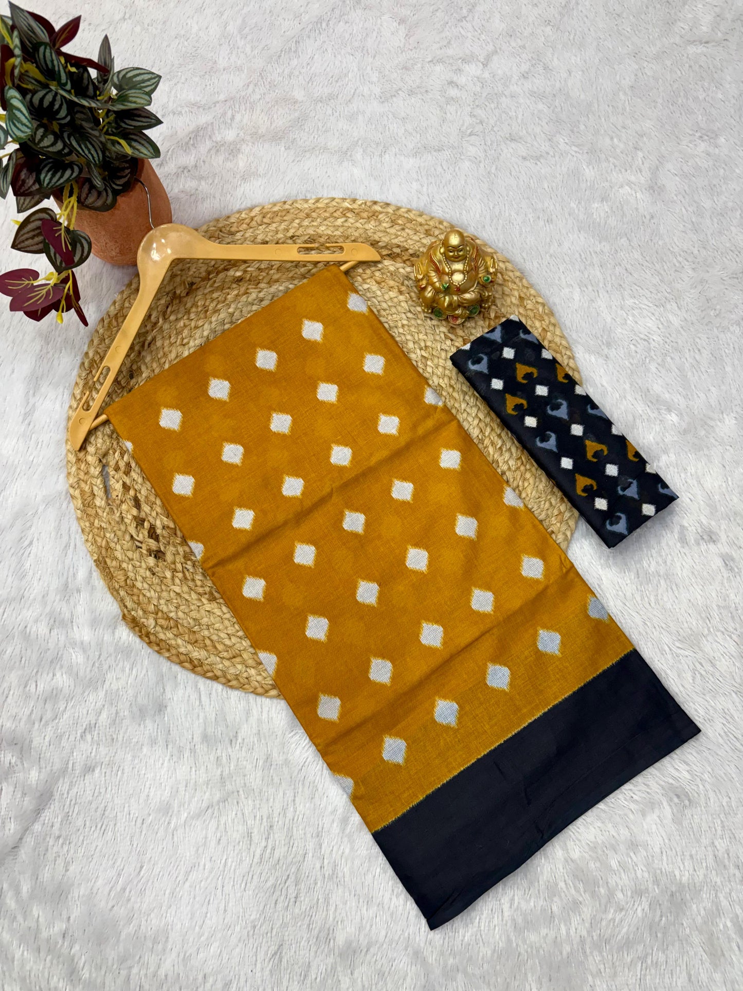 Kayatri New Soft Original Mulmul Cotton Saree with Ikkat Hand Block Craft & Blouse