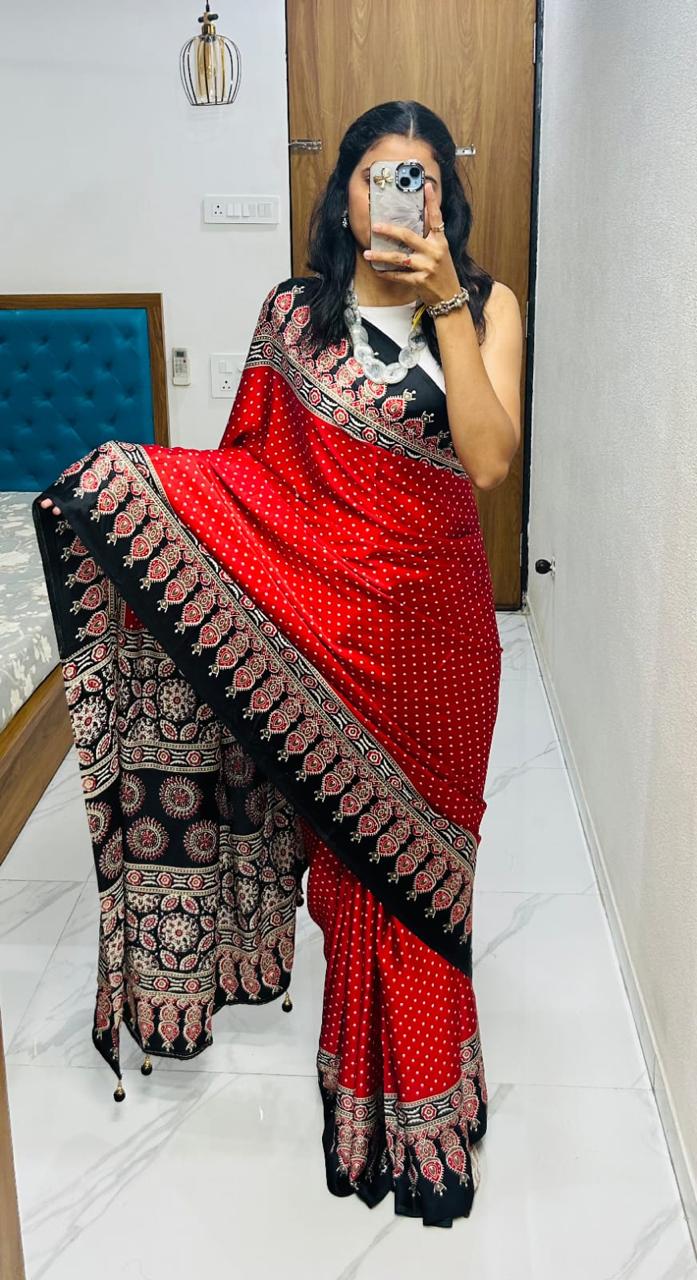 Kayatri New Semi Gaji Bandhej Saree in Lagdi Pure Gaji Soft Silk