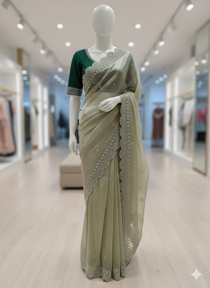 Kayatri New Premium Heavy Burberry Chiffon Silk Saree with Sequence Work Border