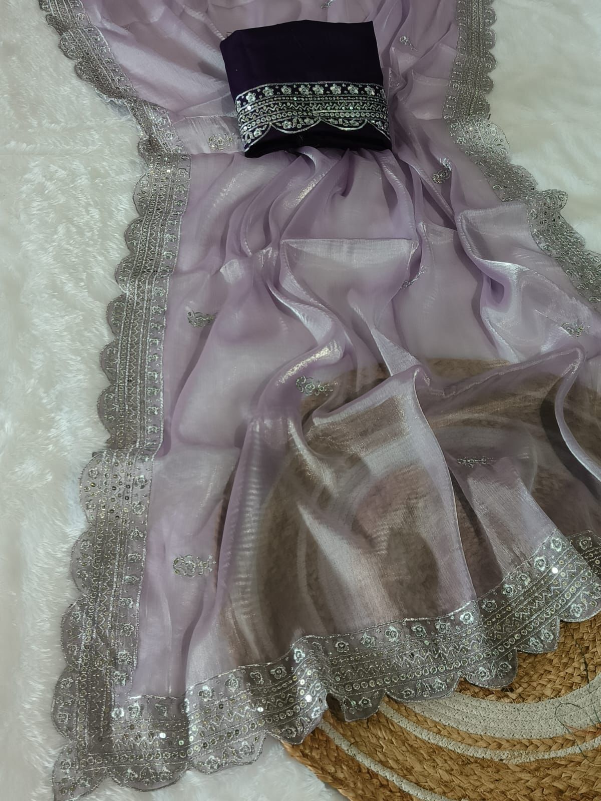 Kayatri New Premium Heavy Burberry Chiffon Silk Saree with Sequence Work Border