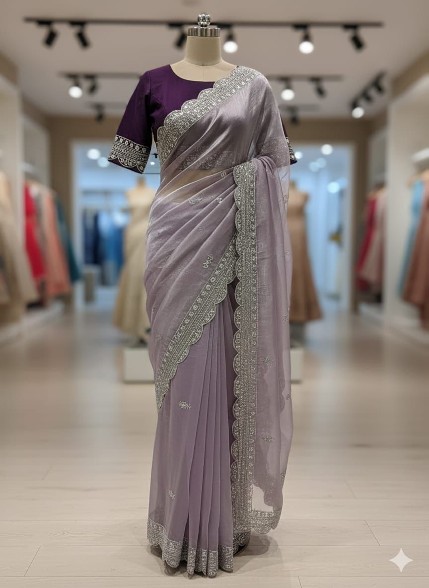 Kayatri New Premium Heavy Burberry Chiffon Silk Saree with Sequence Work Border