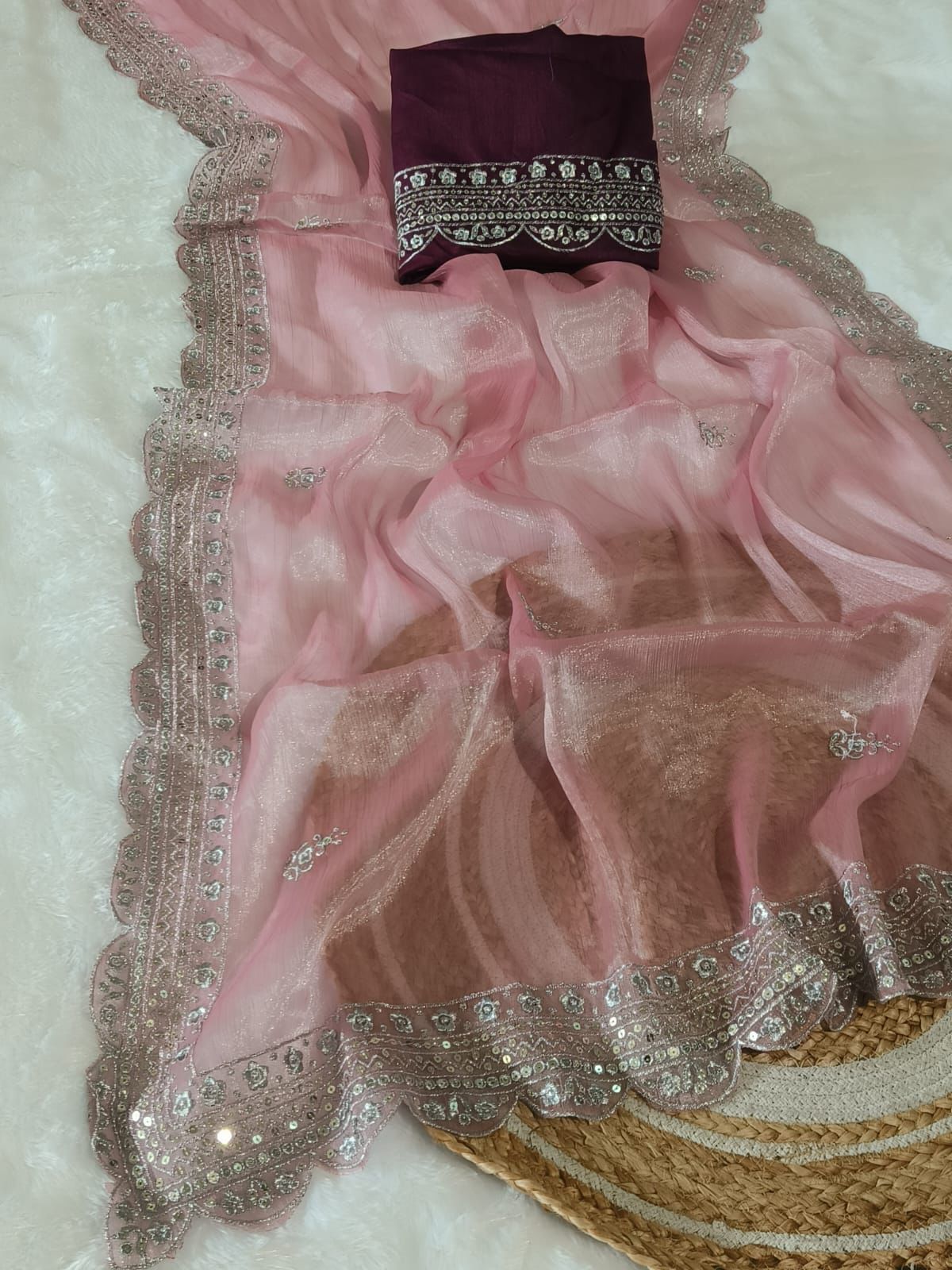 Kayatri New Premium Heavy Burberry Chiffon Silk Saree with Sequence Work Border