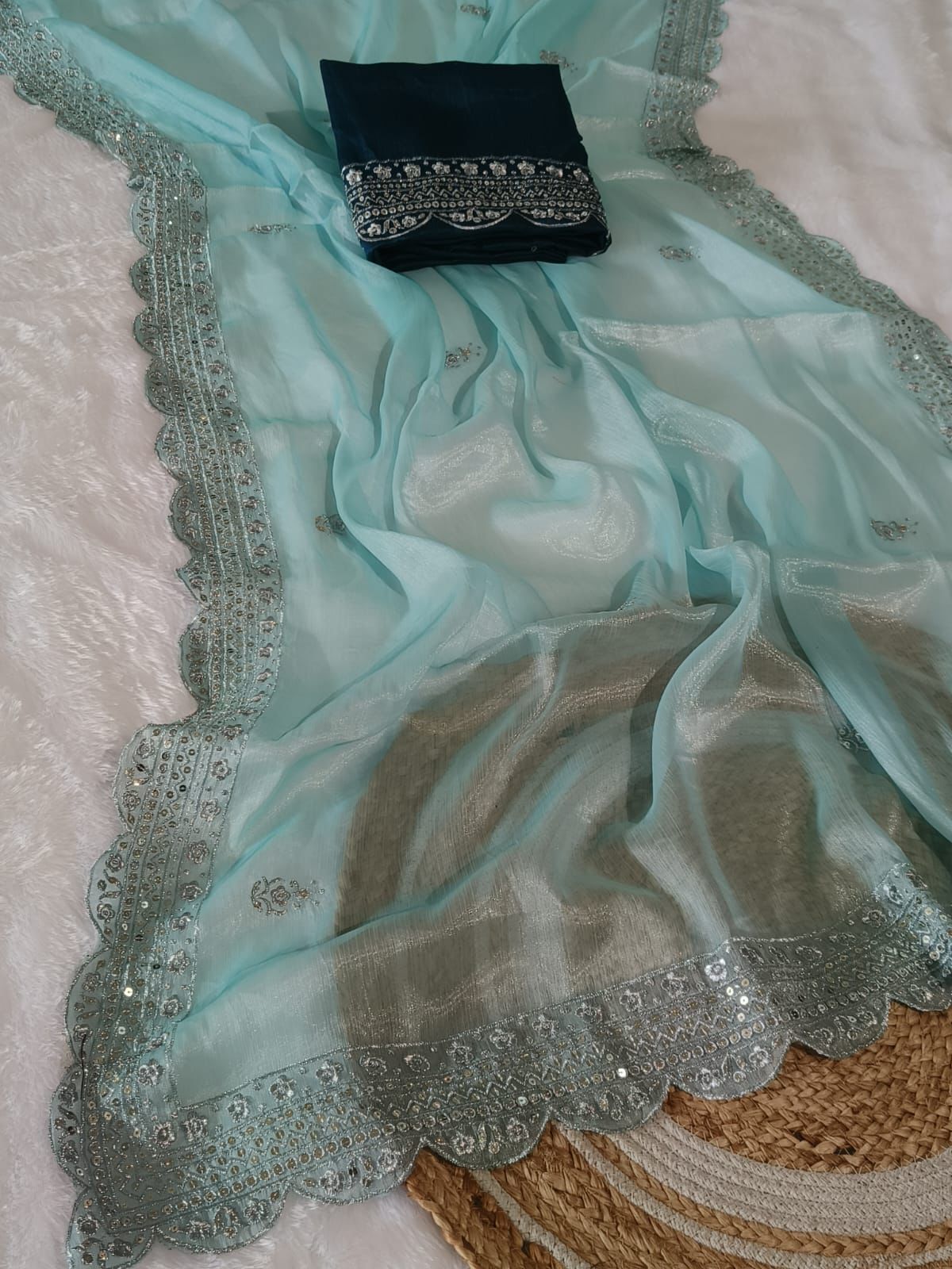 Kayatri New Premium Heavy Burberry Chiffon Silk Saree with Sequence Work Border