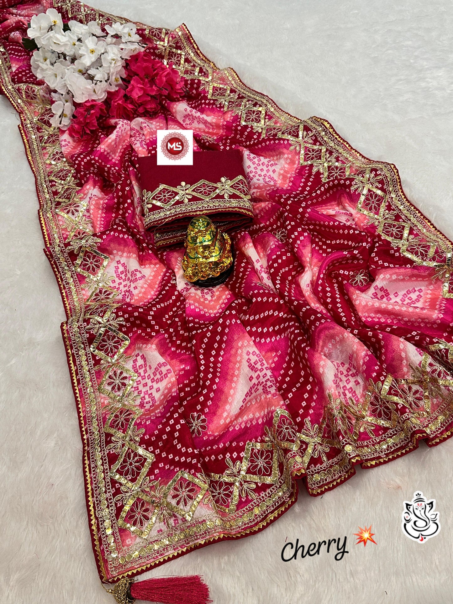 Kayatri New Designer Digital Chinon Silk Saree with Bandhej, Samosa Piping & Heavy Latkan