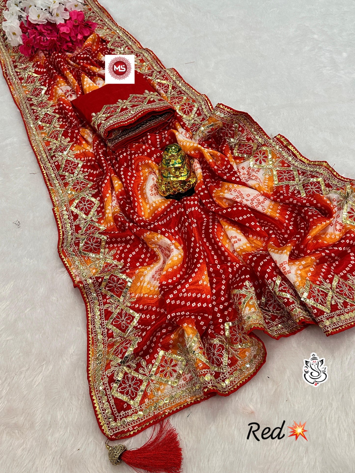 Kayatri New Designer Digital Chinon Silk Saree with Bandhej, Samosa Piping & Heavy Latkan