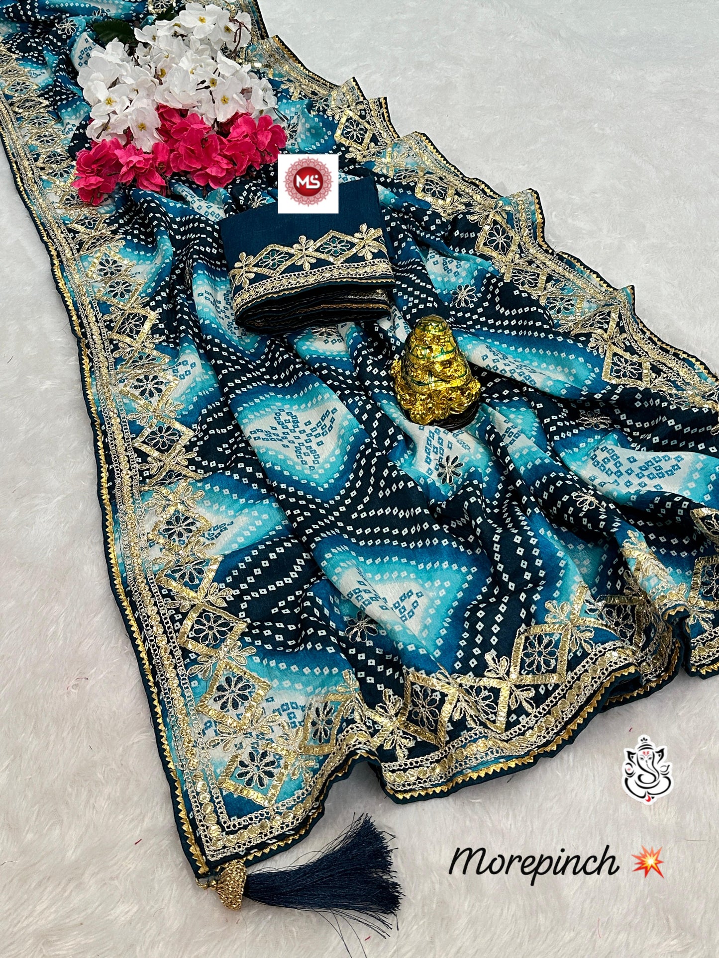 Kayatri New Designer Digital Chinon Silk Saree with Bandhej, Samosa Piping & Heavy Latkan