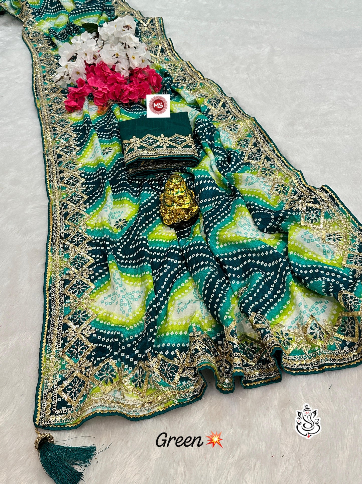 Kayatri New Designer Digital Chinon Silk Saree with Bandhej, Samosa Piping & Heavy Latkan