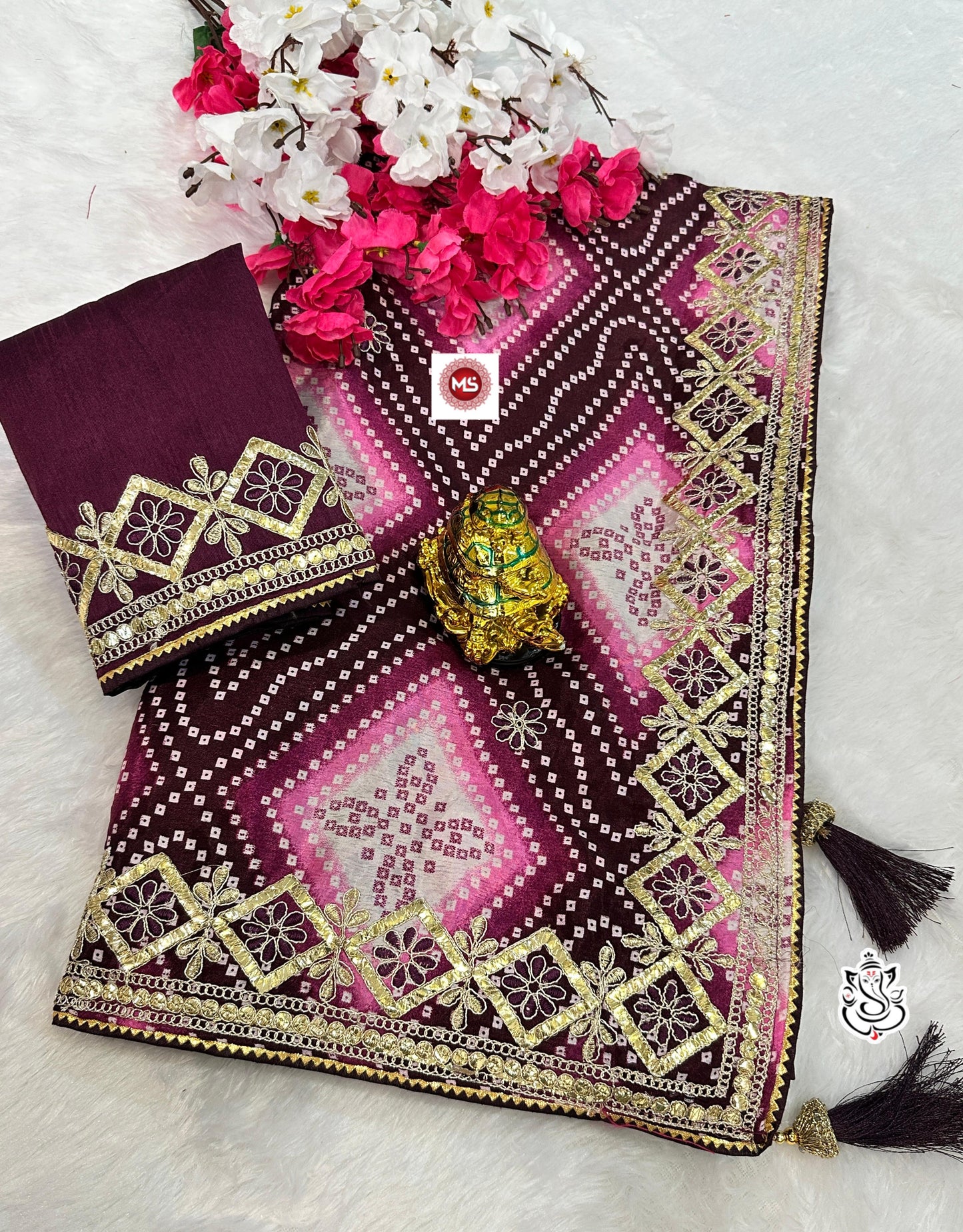 Kayatri New Designer Digital Chinon Silk Saree with Bandhej, Samosa Piping & Heavy Latkan