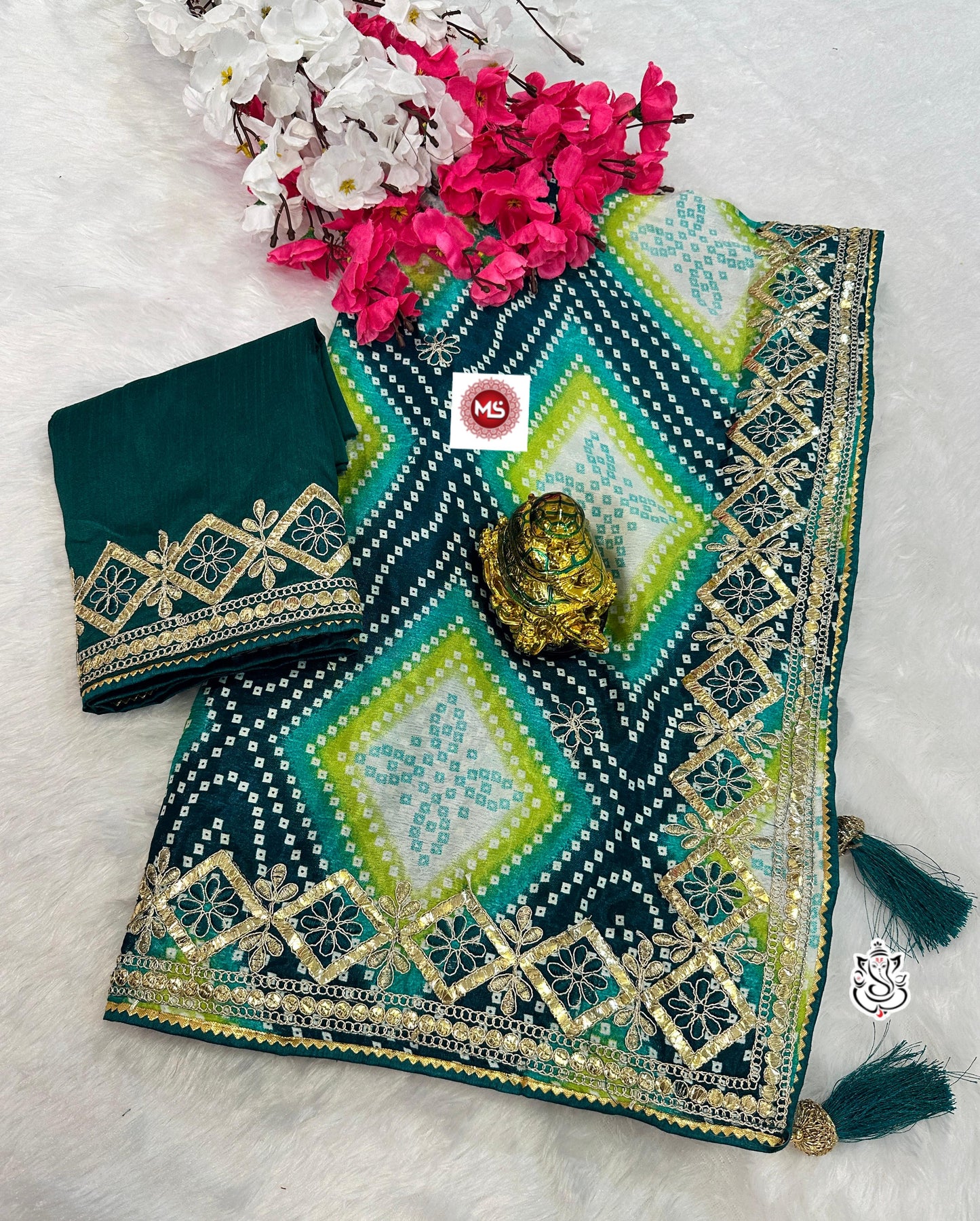 Kayatri New Designer Digital Chinon Silk Saree with Bandhej, Samosa Piping & Heavy Latkan