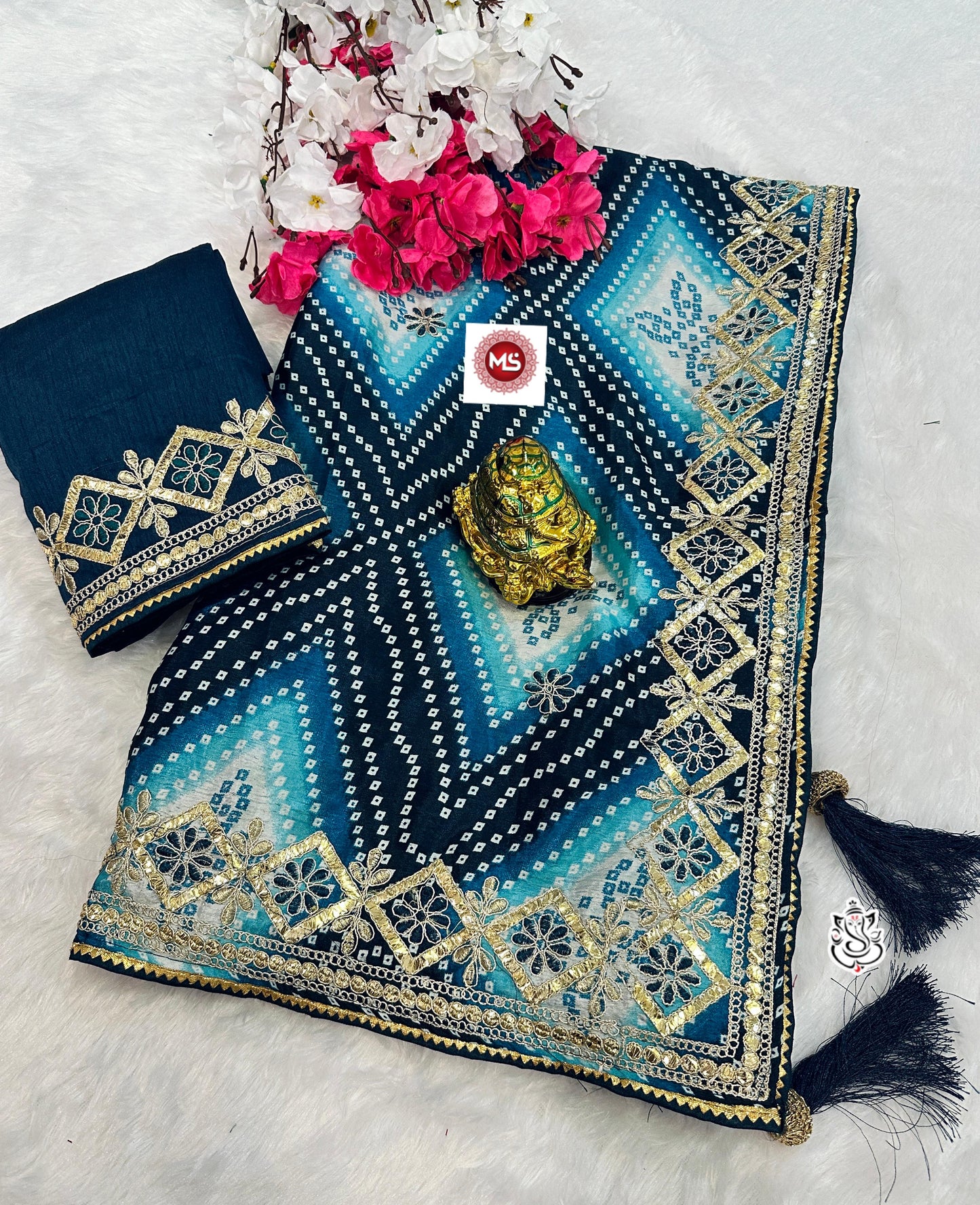 Kayatri New Designer Digital Chinon Silk Saree with Bandhej, Samosa Piping & Heavy Latkan