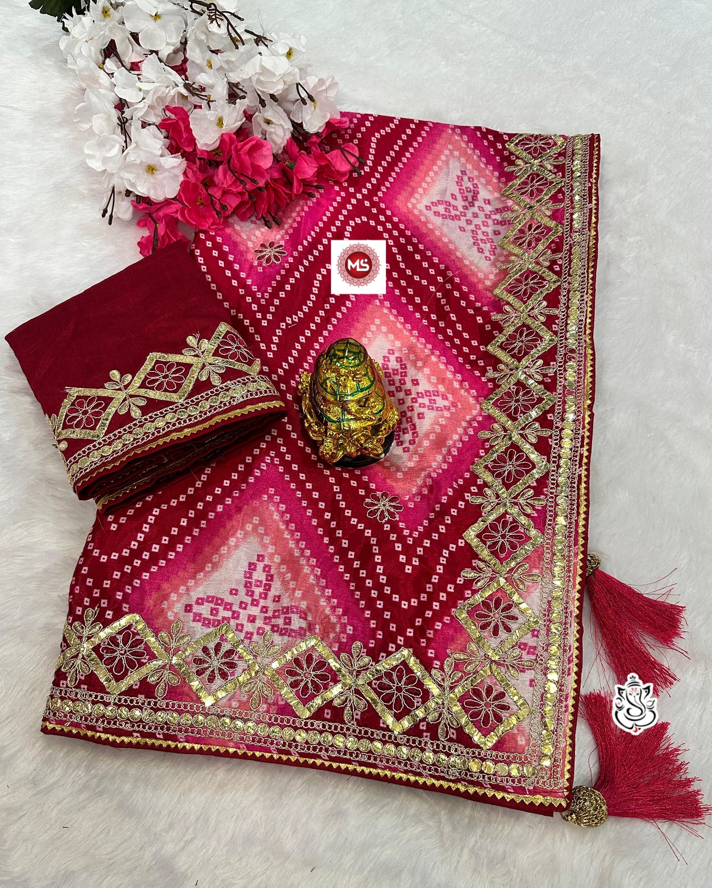 Kayatri New Designer Digital Chinon Silk Saree with Bandhej, Samosa Piping & Heavy Latkan