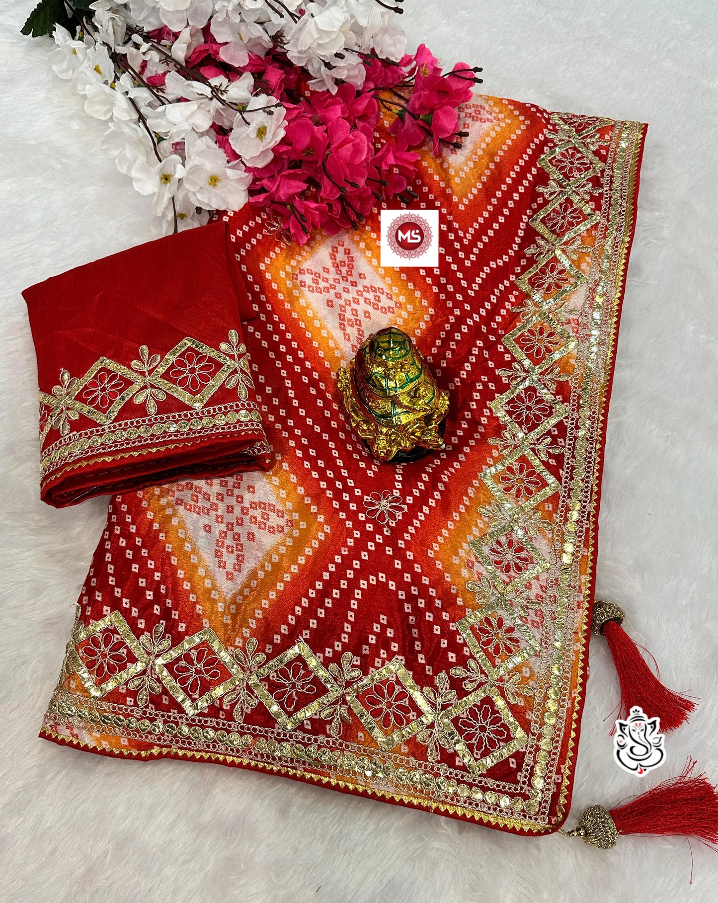 Kayatri New Designer Digital Chinon Silk Saree with Bandhej, Samosa Piping & Heavy Latkan