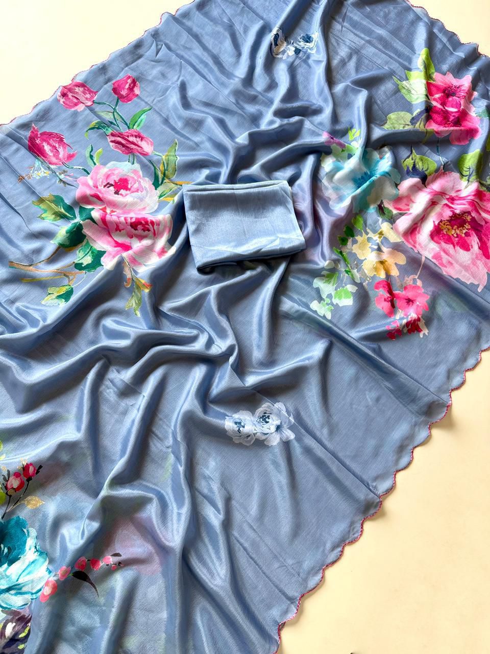 Kayatri New Designer Chinon Floral Print Saree with Contrast Blouse