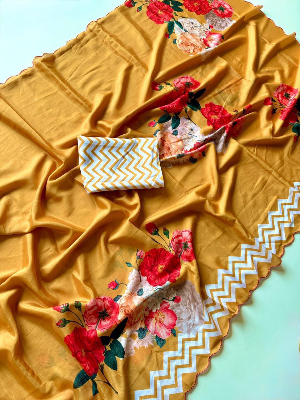 Kayatri New Designer Chinon Floral Print Saree with Contrast Blouse