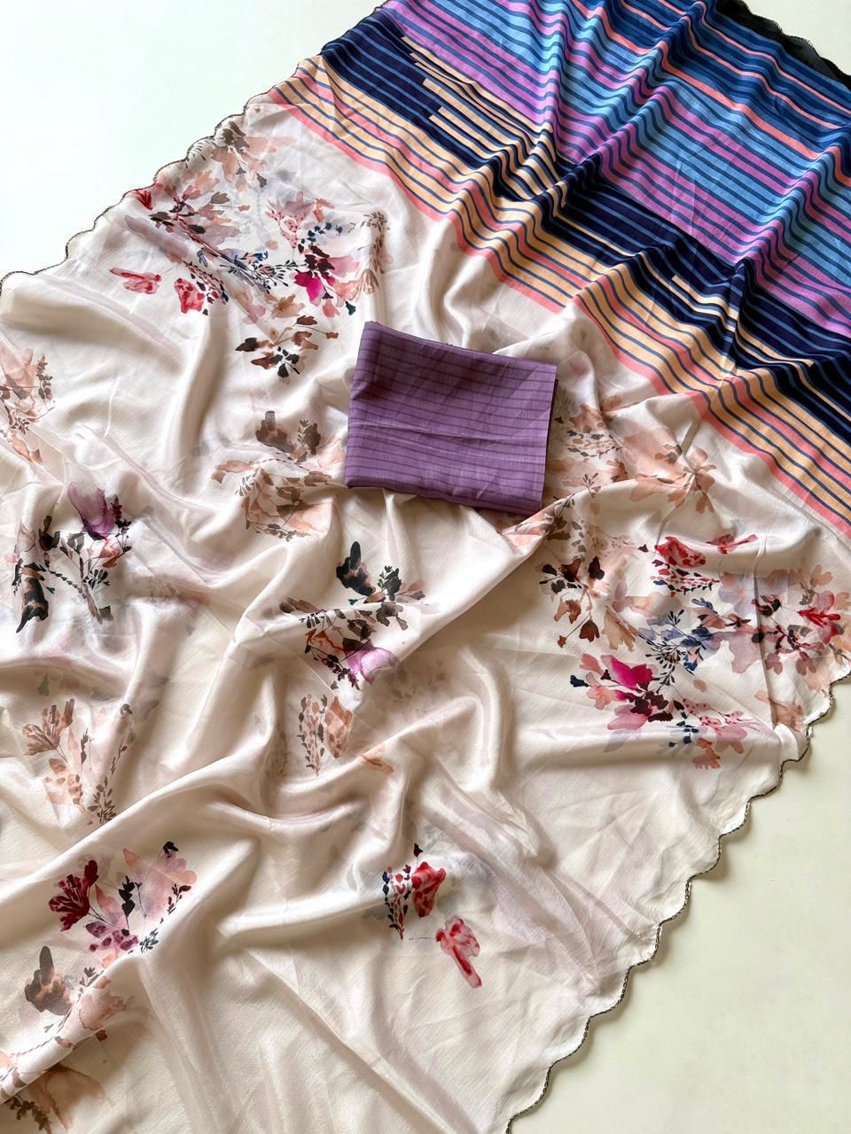 Kayatri New Designer Chinon Floral Print Saree with Contrast Blouse