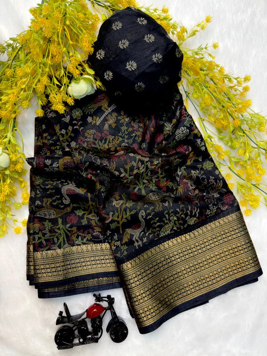 Kayatri New Soft Dola Silk Two Tone Saree with Pen Kalamkari & Hamsa Zari Border