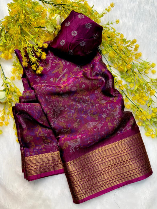 Kayatri New Soft Dola Silk Two Tone Saree with Pen Kalamkari & Hamsa Zari Border